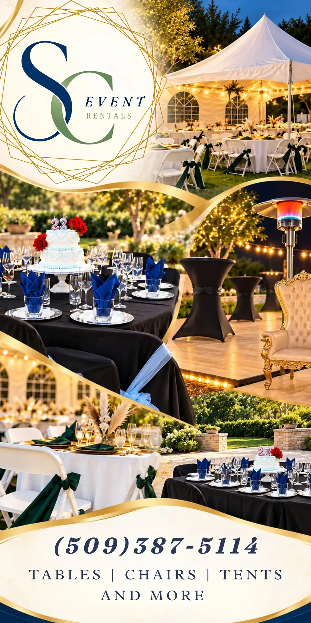 SC Event Rentals banner with event photos and the text (509) 387-5114, Tables, chairs, tents and more